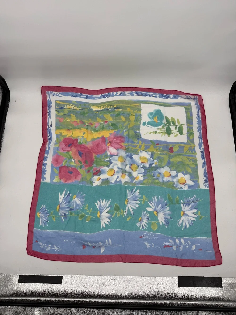 Hasting & Smith Vintage Floral Sheer Square Scarf Blue Pink Accessory Garden
